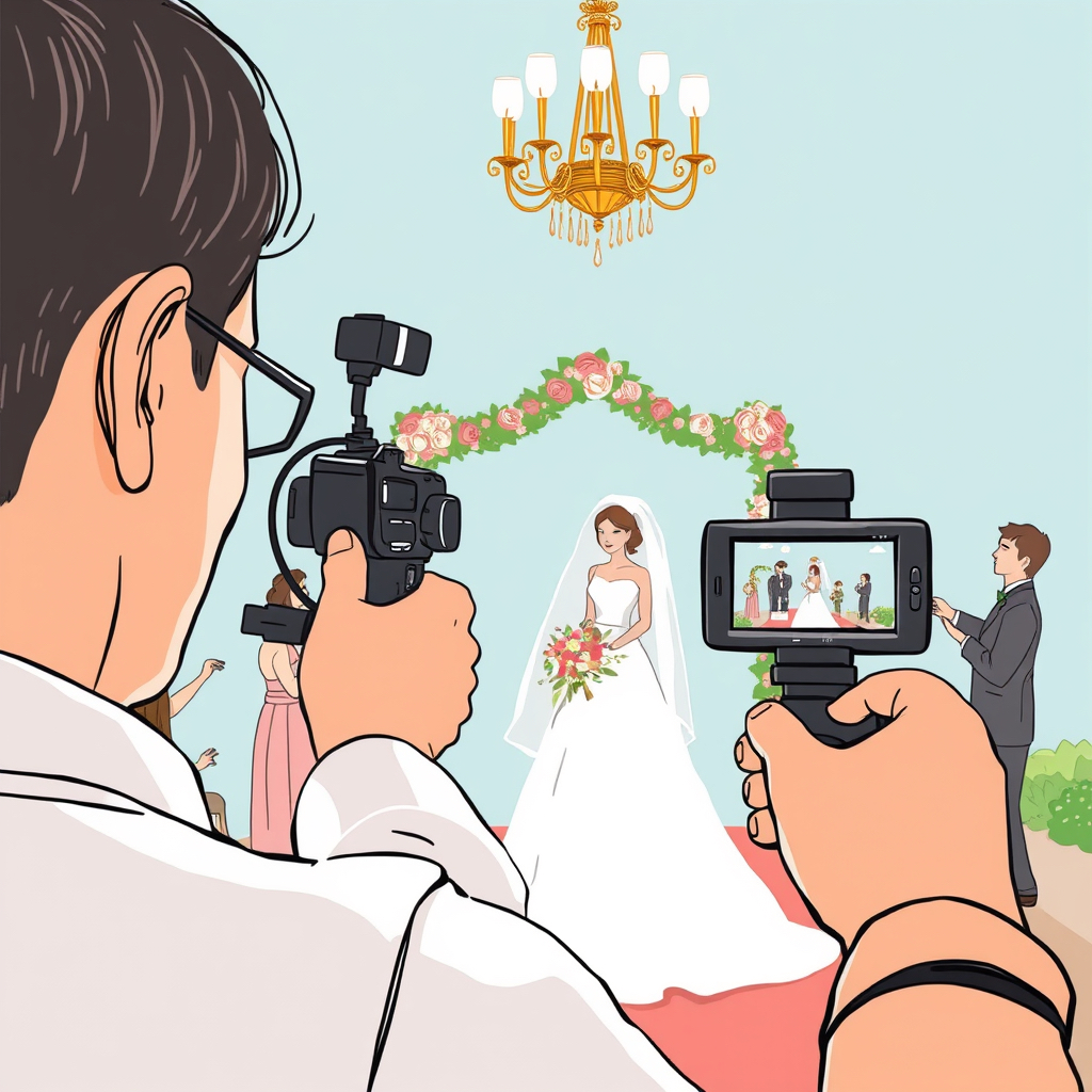 A bride in a white dress stands under a floral arch, holding flowers. A photographer captures the moment. A chandelier hangs above.