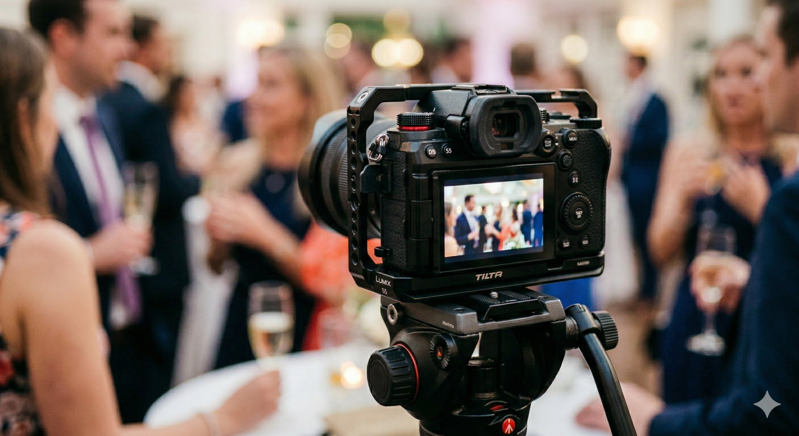 Close-up view of a vintage camera lens on a tripod at a wedding venue