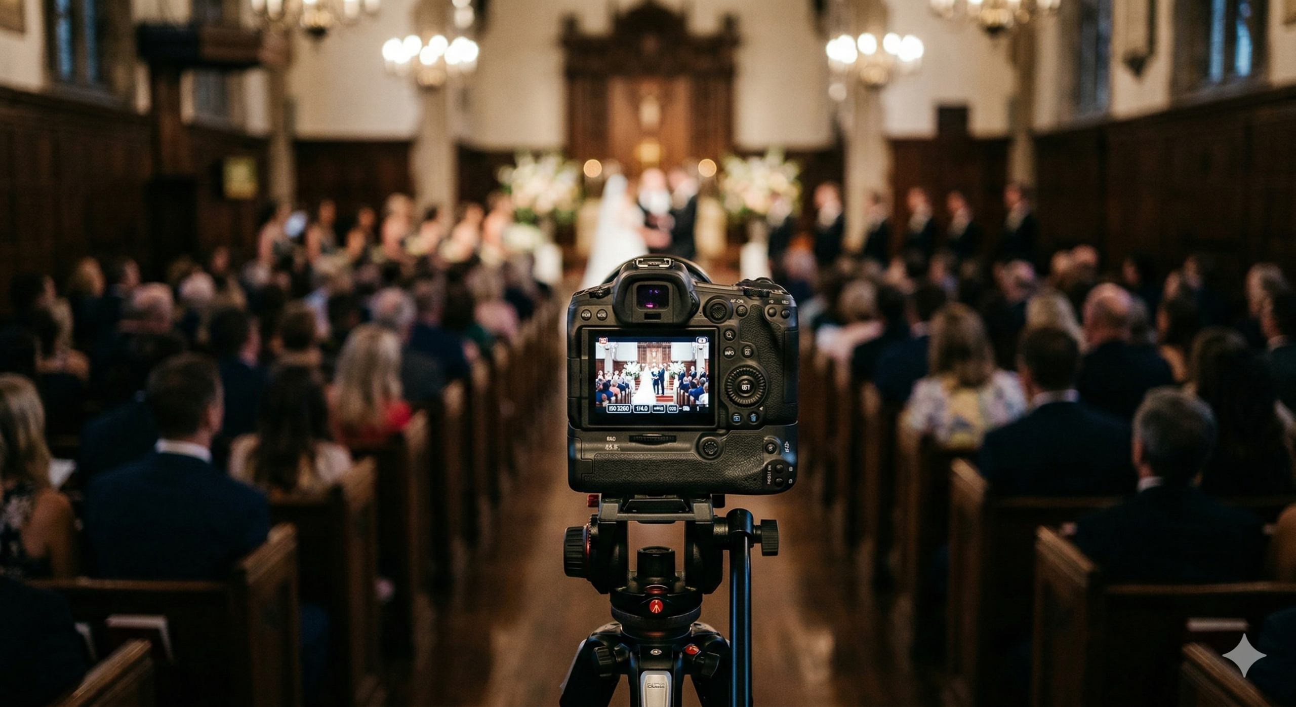 Eye-level view of a vintage video camera on a tripod at a wedding venue