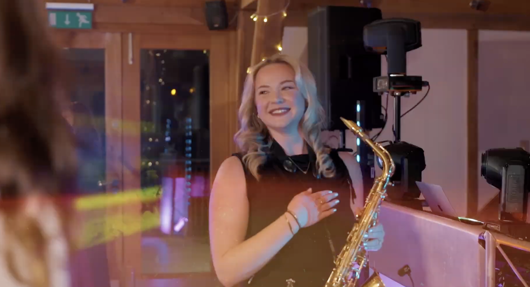 Wedding sax player dancefloor Sandburn Hall evening
